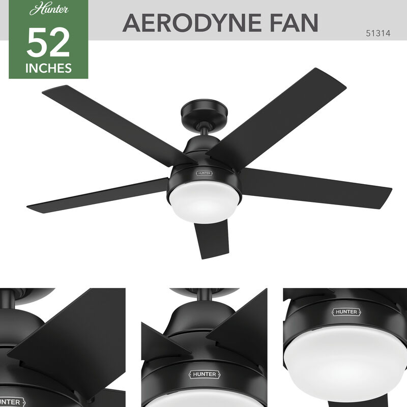 Hunter Aerodyne 52 in. WiFi Ceiling Fan with LED Light Kit and Remote - Black, Black, hires