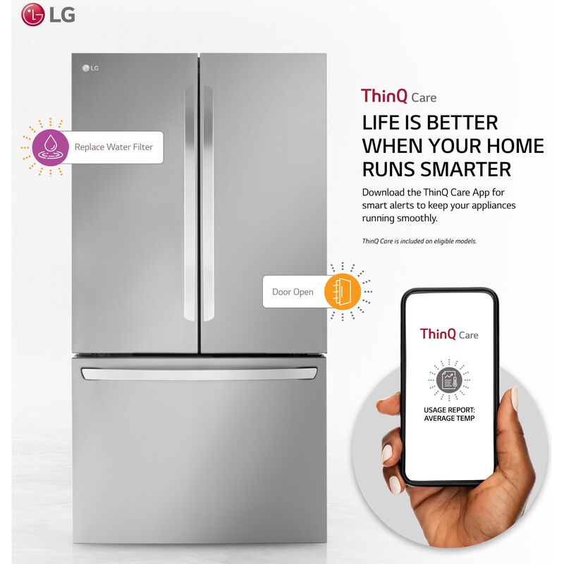 LG 36 in. 26.5 cu. ft. Smart Counter Depth French Door Refrigerator with Internal Water Dispenser - Stainless Steel, Stainless Steel, hires