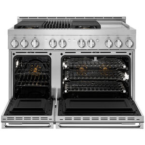 JennAir Noir Series 48 in. 6.3 cu. ft. Smart True European Convection Double Oven Gas Range with 4 Sealed Burners, Grill & Griddle - Stainless Steel, , hires