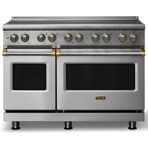 Viking 5 Series 48 in. 7.3 cu. ft. True European Convection Double Oven Electric Range with 6 Induction Burners - Stainless Steel - Brushed Brass Trim Option, , hires