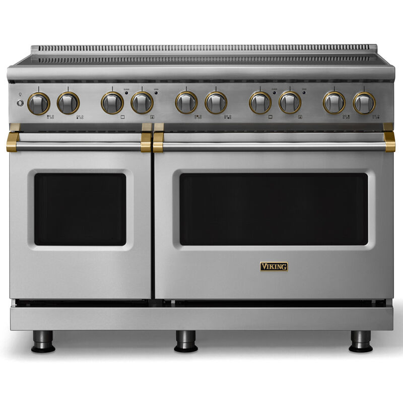 Viking 5 Series 48 in. 7.3 cu. ft. True European Convection Double Oven Electric Range with 6 Induction Burners - Stainless Steel - Brushed Brass Trim Option, , hires