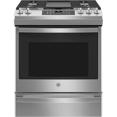 GE 30 in. 5.6 cu. ft. Smart Air Fry Convection Oven Slide-In Gas Range with 5 Sealed Burners & Griddle - Stainless Steel | JGS760SPSS