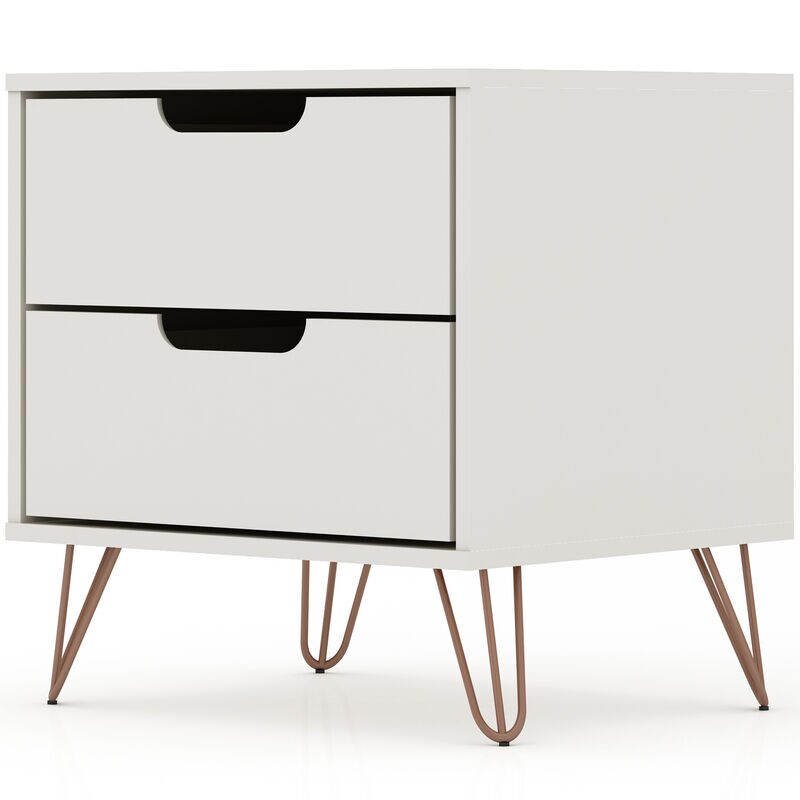 Manhattan Comfort Rockefeller Mid-Century Modern 2-Drawer Nightstand Off White/Natural, White, hires
