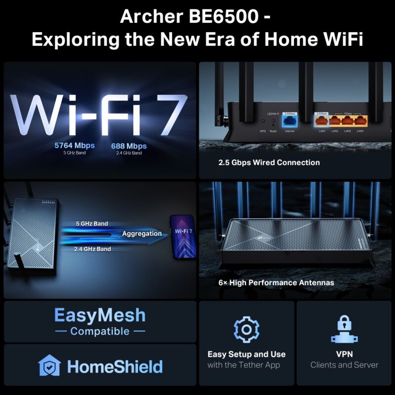 TP Link Archer BE6500 Dual-Band Wi-Fi 7 Router, , hires