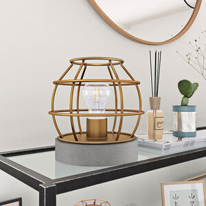 Hudson & Canal Kennet Table Lamp With Antique Brass Cage And Concrete Pedestal Gold, , hires