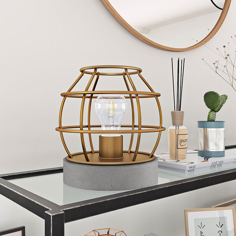 Hudson & Canal Kennet Table Lamp With Antique Brass Cage And Concrete Pedestal Gold, , hires