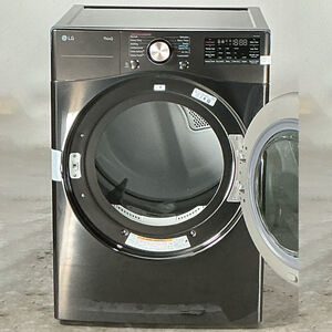 LG 27 in. 7.4 cu. ft. Smart Stackable Round-Door Gas Dryer with Built-In Intelligence, Sensor Dry, Turbo Steam, Sanitize & Steam Cycle - Black Steel (Open Box Good Condition), , hires