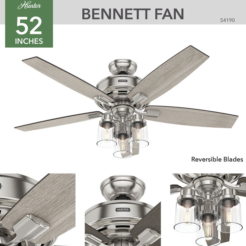 Hunter Bennett 52 in. 3-Light Ceiling Fan with LED Light Kit and Handeld Remote - Brushed Nickel, Brushed Nickel, hires