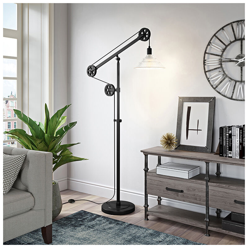 Hudson & Canal Descatres Floor Lamp with Pulley System and Ribbed Glass Shade - Blackened Bronze, , hires