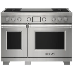 Wolf 48 in. 7.8 cu. ft. Smart Dual Convection Double Oven Dual Fuel Range with 4 Sealed Burners & Griddle - Stainless Steel, , hires