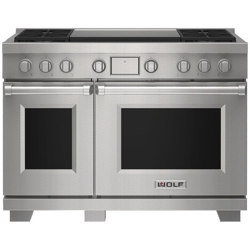 Wolf 48 in. 7.8 cu. ft. Smart Dual Convection Double Oven Dual Fuel Range with 4 Sealed Burners & Griddle - Stainless Steel, , hires