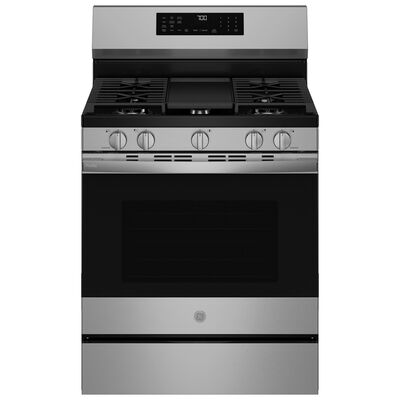 GE Profile 30 in. 5.3 cu. ft. Smart Air-Fry Standard Convection Gas Range with 5 Sealed Burners, Reversible Grill & Griddle - Fingerprint Resistant Stainless Steel | PGF700AYFS