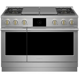 Monogram Statement Series 48 in. 5.8 cu. ft. Smart Air Fry Convection Double Oven Freestanding Dual Fuel Range with 4 Sealed Burners, Grill & Griddle - Stainless Steel, , hires