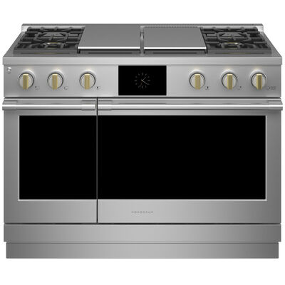 Monogram Statement Series 48 in. 5.8 cu. ft. Smart Air Fry Convection Double Oven Freestanding Dual Fuel Range with 4 Sealed Burners, Grill & Griddle - Stainless Steel | ZDP484NGTSS