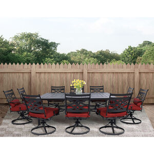 Hanover Montclair 11-Piece Dining Set in Chili Red with 10 Swivel Rockers and a 60-In. x 84-In. Table - Chile Red/Brown, , hires