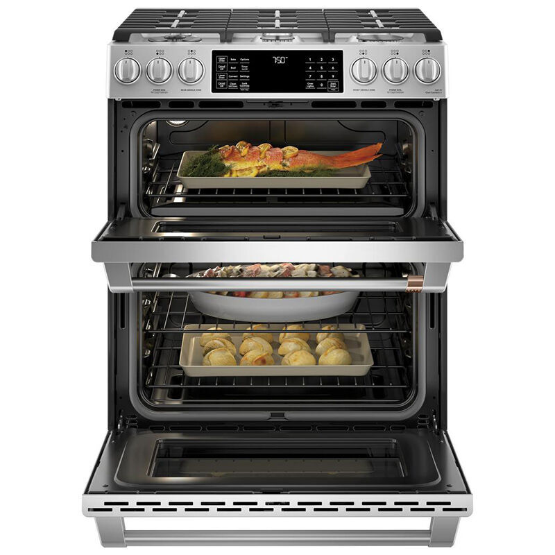 Cafe 30 in. 7.0 cu. ft. Smart Air Fry Convection Double Oven Slide-In Gas Range with 6 Sealed Burners & Griddle - Stainless Steel, Stainless Steel, hires