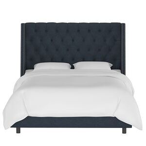 Skyline Queen Nail Button Tufted Wingback Bed in Linen - Navy, Navy, hires