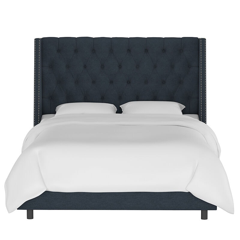 Skyline Queen Nail Button Tufted Wingback Bed in Linen - Navy, Navy, hires