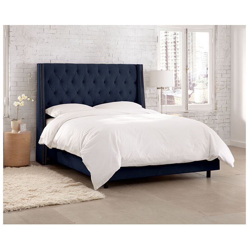 Skyline California King Nail Button Tufted Wingback Bed in Velvet - Ink, Blue, hires