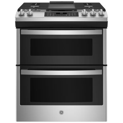 GE 30 in. 6.7 cu. ft. Convection Double Oven Slide-In Gas Range with 5 Sealed Burners & Griddle - Stainless Steel | JGSS86SPSS