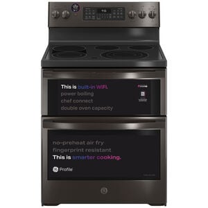 GE Profile 30 in. 6.6 cu. ft. Smart Air Fry True European Convection Double Oven Electric Range with Radiant Burners - Black Stainless, Black Stainless, hires