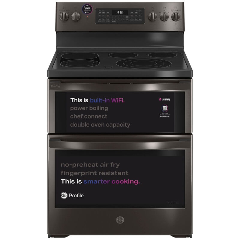 GE Profile 30 in. 6.6 cu. ft. Smart Air Fry True European Convection Double Oven Electric Range with Radiant Burners - Black Stainless, Black Stainless, hires
