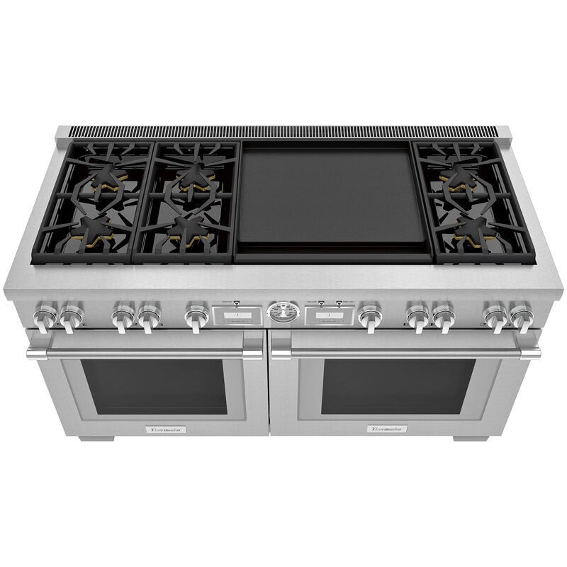 Thermador Pro Grand Professional Series 60 in. 10.6 cu. ft. Smart True European Convection Double Oven Dual Fuel Range with 6 Sealed Burners & Griddle - Stainless Steel, , hires
