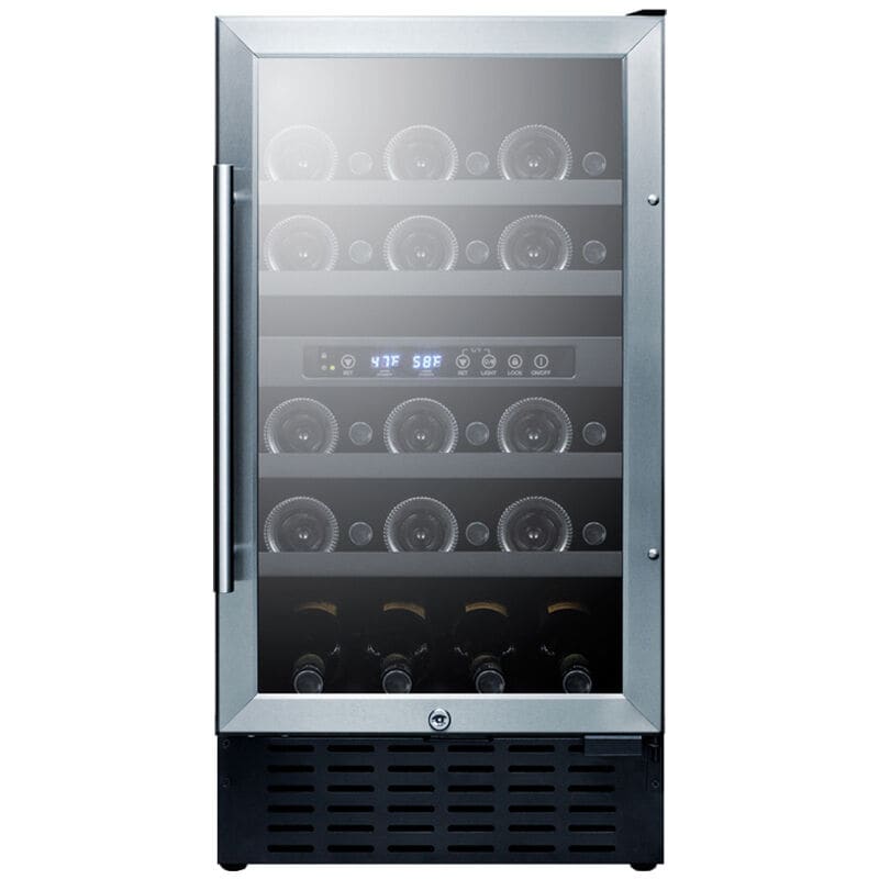 Summit 18 in. Undercounter Wine Cooler with Wood Racks, Dual Temperature Zones & 28 Bottle Capacity - Stainless Steel, , hires
