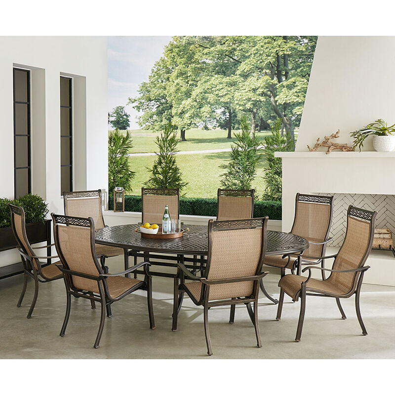Hanover Manor 9-Piece Outdoor Dining Set with 8 Sling Dining Chairs and 95-in. x 60-in. Oval Cast-Top Dining Table, , hires