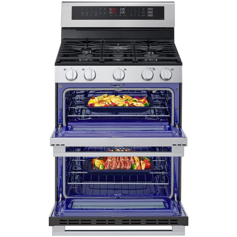 LG 30 in. 6.9 cu. ft. Smart Air-Fry True European Convection Double Oven Slide-In Gas Range with 5 Sealed Burners - Stainless Steel, , hires