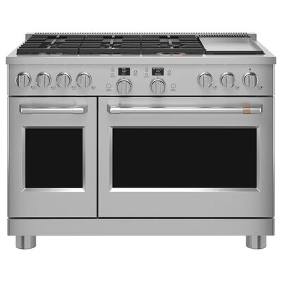 Cafe Commercial-Style 48 in. 8.3 cu. ft. Smart Air Fry Convection Double Oven Freestanding Dual Fuel Range with 6 Sealed Burners & Griddle - Stainless Steel | C2Y486P2TS1