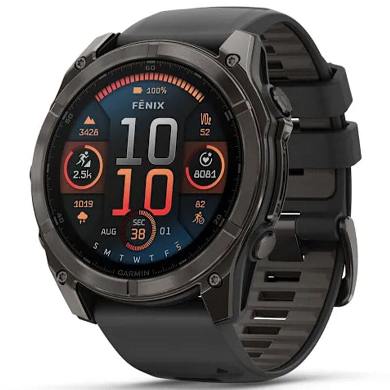 Garmin f nix 8 51 mm, AMOLED Smart Watch - Sapphire, Carbon Gray DLC Titanium with Black/Pebble Gray Silicone Band, , hires