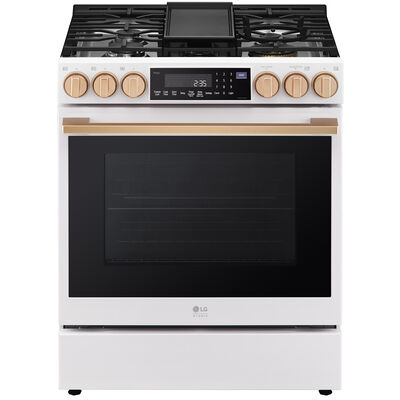 LG Studio 30 in. 6.3 cu. ft. Smart Air Fry True European Convection Slide-In Gas Range with 5 Sealed Burners & Griddle - Essence White | LSGS6338N