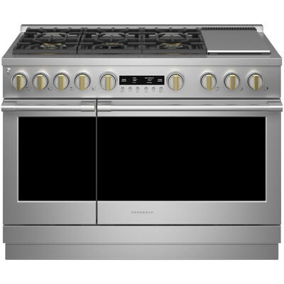 Monogram Statement Series 48 in. 8.2 cu. ft. Smart Air Fry True European Convection Double Oven Dual Fuel Range with 6 Sealed Burners & Griddle - Stainless Steel | ZDP486NDTSS