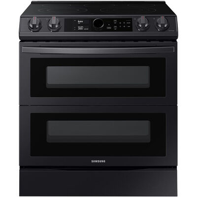Samsung 30 in. 6.3 cu. ft. Smart Air Fry Convection Double Oven Slide-In Electric Range with 5 Smoothtop Burners - Black with Stainless Steel | NE63T8751SG