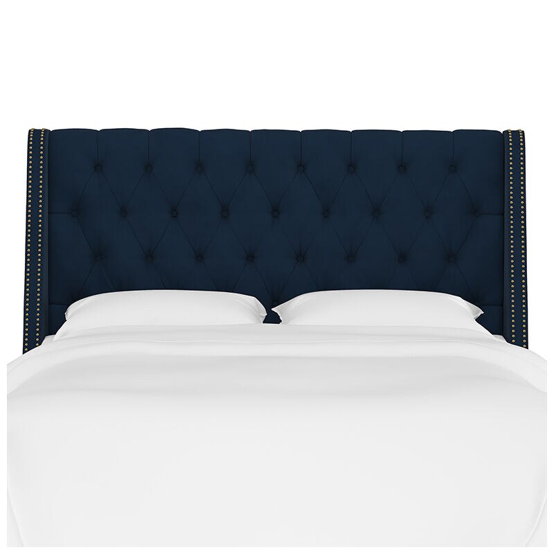 Skyline King Nail Button Tufted Wingback Headboard in Velvet - Ink, Blue, hires