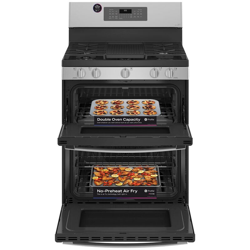 GE Profile 30 in. 6.8 cu. ft. Smart Air Fry True European Convection Double Oven Gas Range with 5 Sealed Burners, Grill & Griddle - Stainless Steel, Stainless Steel, hires