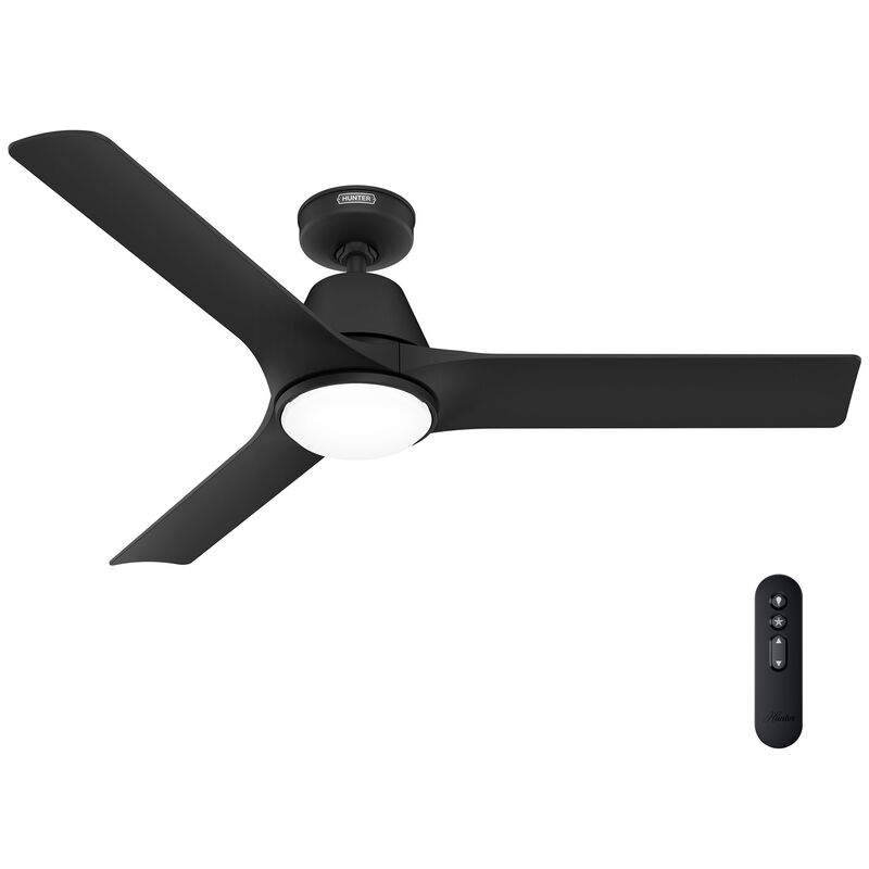 Hunter 52 inch Aeronaut Wi-Fi ENERGY STAR Matte Black Damp Rated Ceiling Fan with LED Light Kit and Handheld Remote, Matte Black, hires