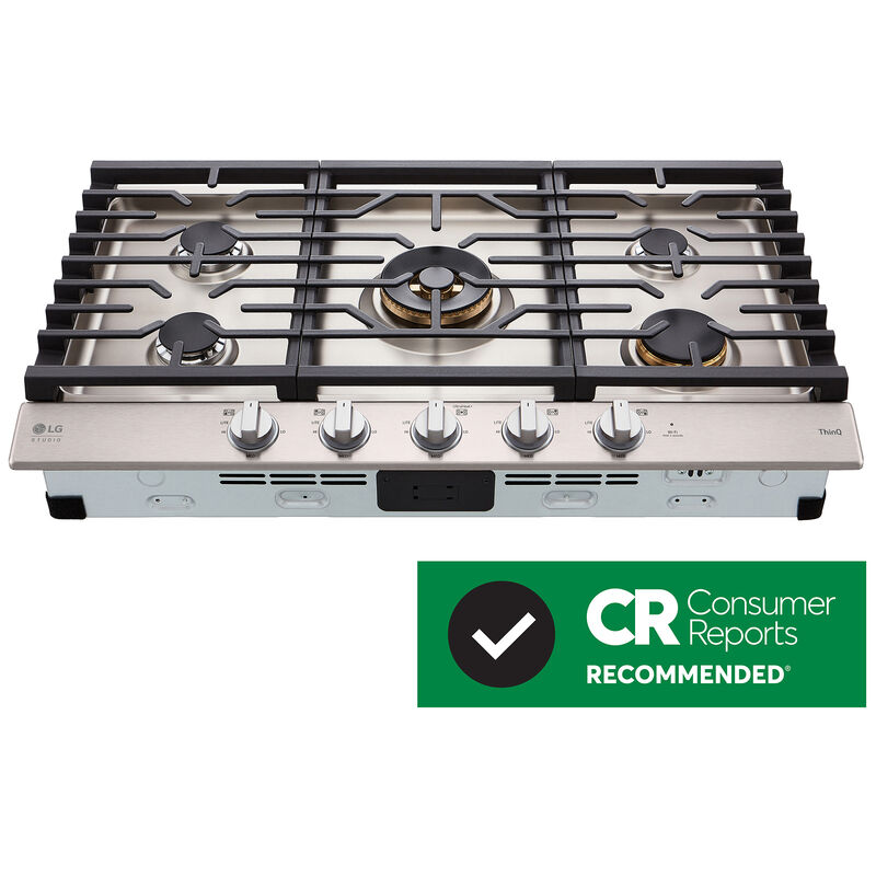 LG Studio 36 in. 5-Burner Smart Natural Gas Cooktop with Griddle, Simmer Burner & Power Burner - Stainless Steel, , hires