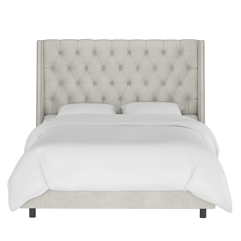 Skyline Queen Nail Button Tufted Wingback Bed in Velvet - Light Grey, Grey, hires