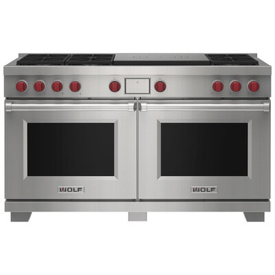Wolf 60 in. 10.0 cu. ft. Smart Convection Double Oven Freestanding Natural Gas Dual Fuel Range with 6 Sealed Burners & French Top - Stainless Steel | DF60650FSP