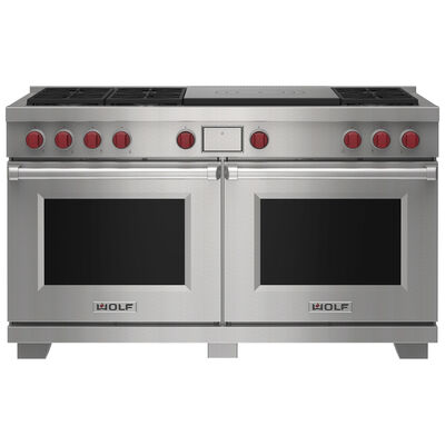 Wolf 60 in. 10.2 cu. ft. Smart Dual Convection Double Oven Dual Fuel Range with 6 Sealed Burners - Stainless Steel | DF60650FSP