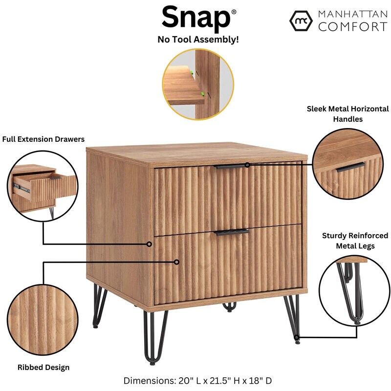 Manhattan Comfort DUMBO 2.0 Modern Nightstand with 2 Drawer & Metal Feet - Golden Brown, Golden Brown, hires