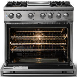 Viking 5 Series 36 in. 5.6 cu. ft. True European Convection Dual Fuel Range with 4 Sealed Burners & Griddle - Stainless Steel - Liquid Propane Gas, Polished Chrome Trim Option, , hires