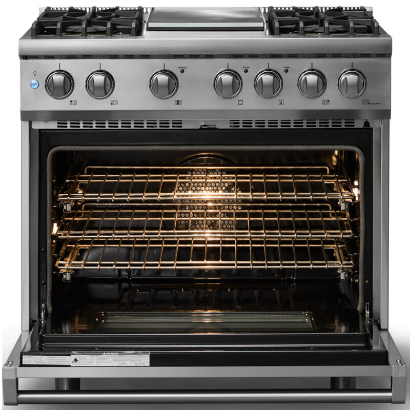 Viking 5 Series 36 in. 5.6 cu. ft. True European Convection Dual Fuel Range with 4 Sealed Burners & Griddle - Stainless Steel - Liquid Propane Gas, Polished Chrome Trim Option, , hires