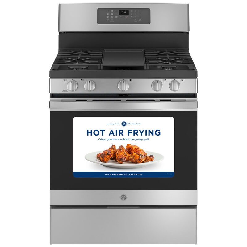 GE 30 in. 5.0 cu. ft. Air Fry Convection Oven Freestanding Gas Range with 5  Sealed Burners & Griddle - Stainless Steel