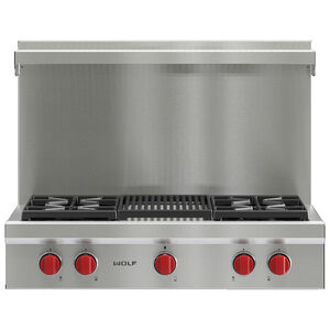 Wolf 36 in. 4-Burner Natural Gas Rangetop with Grill & Power Burner - Stainless Steel, , hires