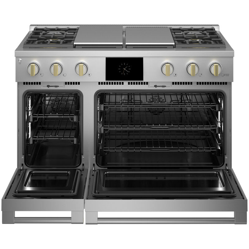 Monogram Statement Series 48 in. 8.2 cu. ft. Smart Air Fry True European Convection Double Oven Dual Fuel Range with 4 Sealed Burners, Grill & Griddle - Stainless Steel, , hires