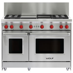 Wolf 48 in. 6.9 cu. ft. Standard Convection Double Oven Gas Range with 4 Sealed Burners, Grill & Griddle - Stainless Steel, , hires