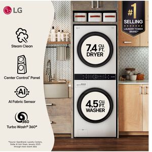 LG 27 in. WashTower with 4.5 cu. ft. Washer with 10 Wash Programs and TurboWash 360 & 7.4 cu. ft. Electric Dryer with 9 Dryer Programs, Sensor Dry & Wrinkle Care - White, White, hires
